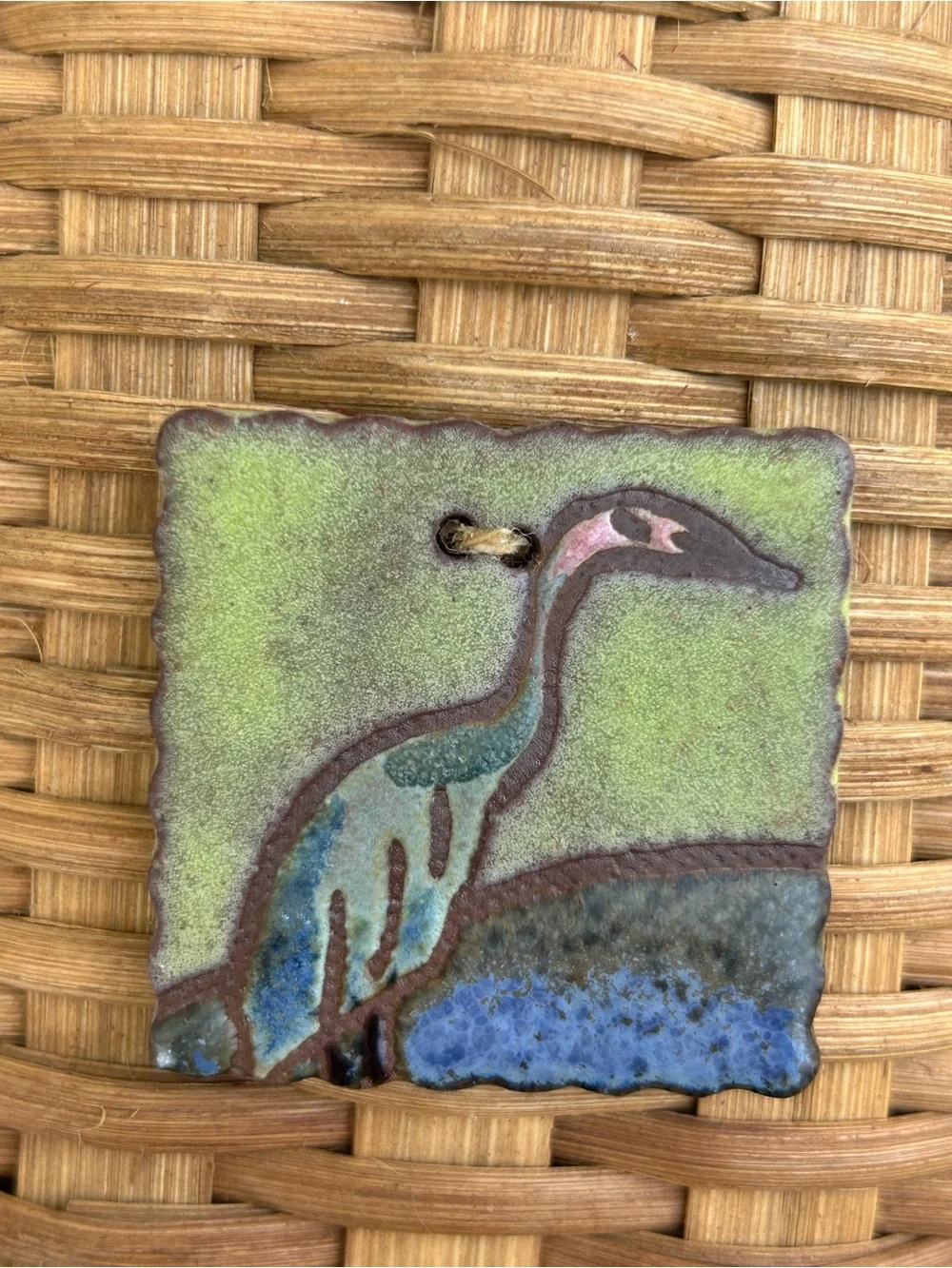 Basket Woven Rattan Wall Hang Heron Tile Accent Handmade Signed Natural 7.5x10.5